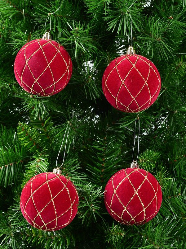 4x 10cm Burgundy Velvet Baubles With Diamond Pattern Gold Sequin Lines — image 2