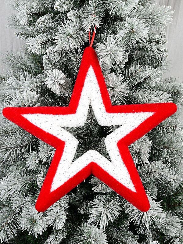 Red & White Flocked Large Hollow Star Tinsel Plaque Ornament | 50cm — image 5