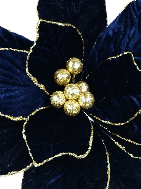 Royal Blue Velvet & Gold Poinsettia Long Christmas Stem | 54cm — image 4