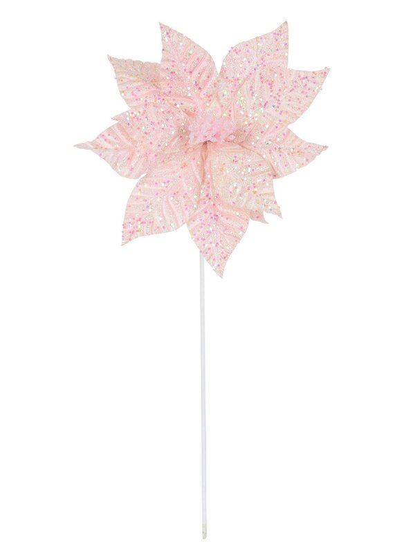 Fairy Floss Pink Poinsettia With Iridescent Sequins Long Christmas Stem | 55cm — image 3