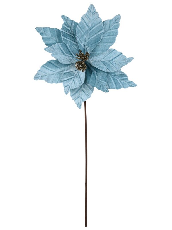 55cm Pale Blue Velvet Poinsettia Flower With Champagne Long Christmas Stem — image 3