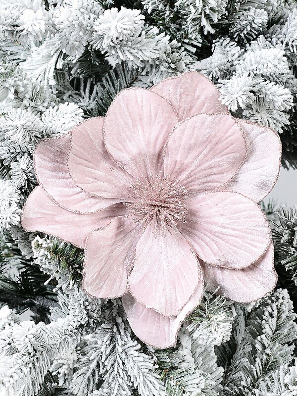 Pale Pink Fabric With Glitter Magnolia Long Christmas Stem | 56cm — image 2