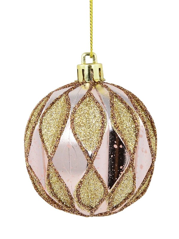 6 x 60cm Light Pink Christmas Baubles With Gold Geometric Textured Pattern — image 3