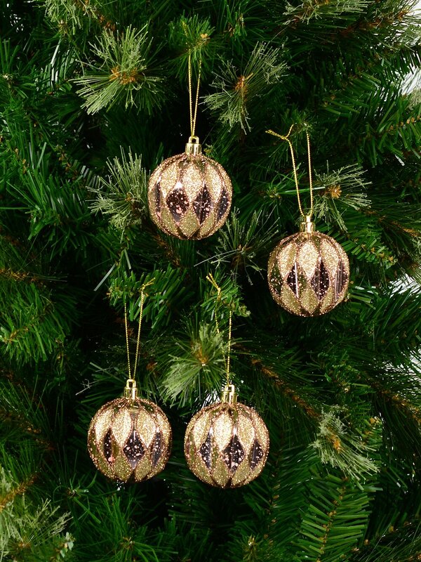 6 x 60cm Light Pink Christmas Baubles With Gold Geometric Textured Pattern — image 4