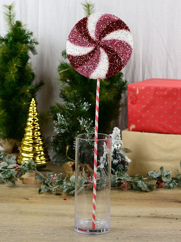 Pink Red & White Tinsel Plaque Candy Swirl Lollipop Long Christmas Stem | 62cm — image 2