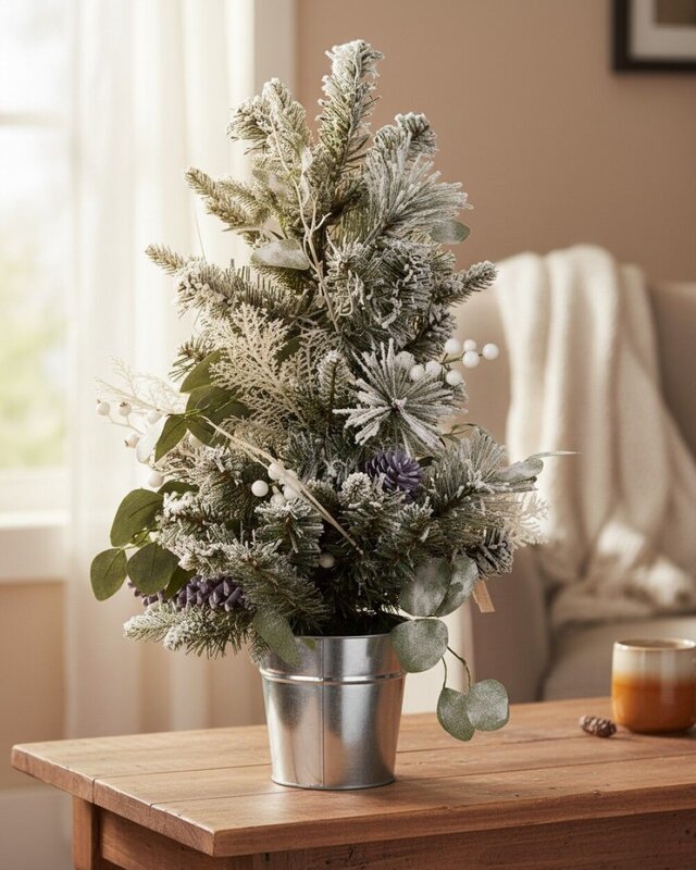 66cm Flocked Foliage Bouquet Tabletop Tree | 70 Tips & Silver Tin Pot — image 3
