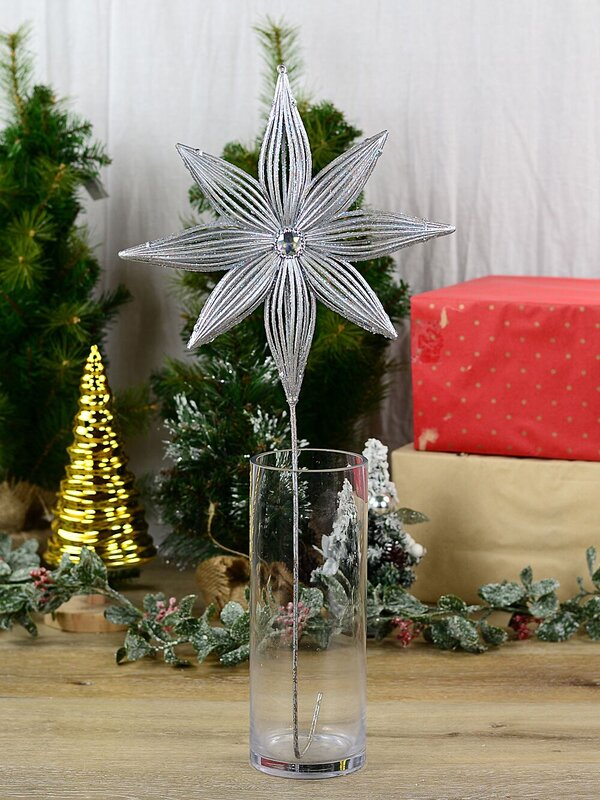 Matte Silver Wire Frame Look Christmas Star With Glitter Long Stem | 67cm — image 2