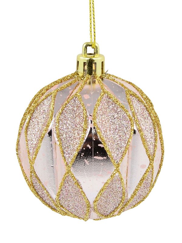 6x 60mm Light Pink & Green Geometric Shiny & Glitter Christmas Baubles — image 4