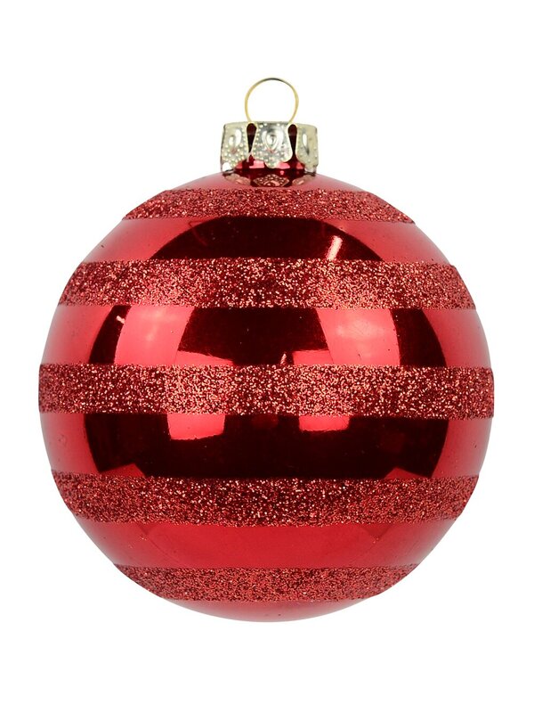 6x 70mm Festive Red Gloss Christmas Baubles With Glitter Stripes — image 3