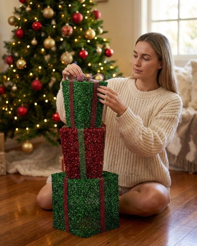 Tiered Green & Red Layered Tinsel Gift Boxes Large Display Decoration | 70cm — image 5