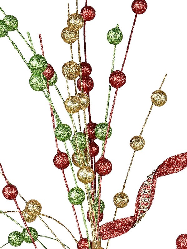 Red Green & Gold Glitter Balls & Curls Long Christmas Stem | 72cm — image 3