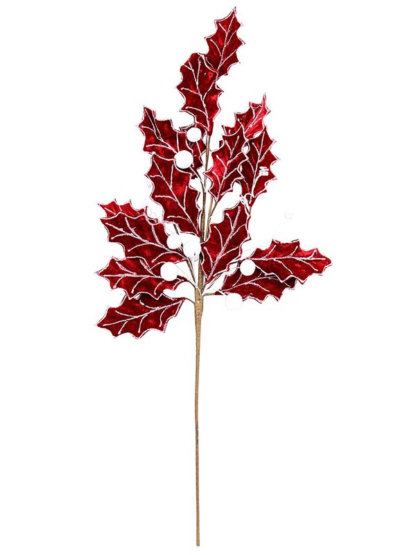 Red Velvet Holly Leaf & Snow Berries Christmas Stem | 80cm — image 4