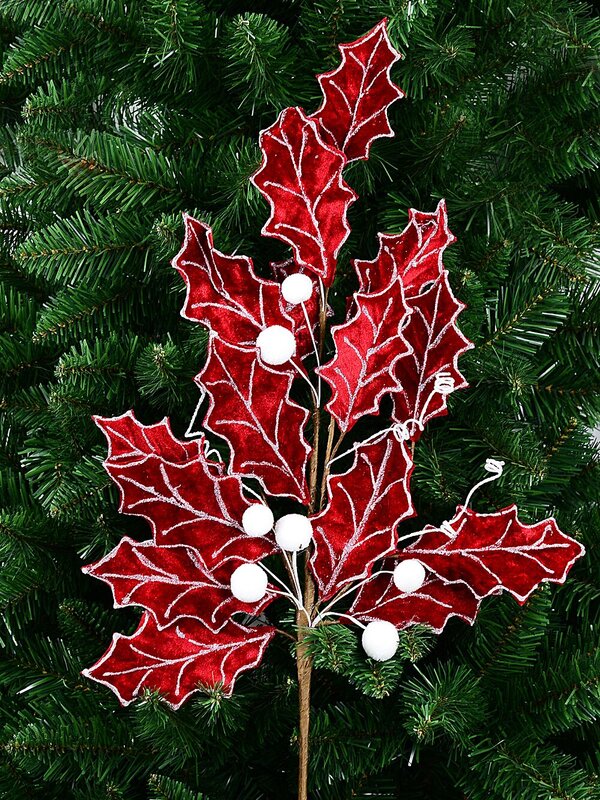 Red Velvet Holly Leaf & Snow Berries Christmas Stem | 80cm — image 3