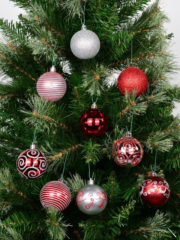 9x 60mm Red & Silver Christmas Baubles With Four Glitter Designs & Metallic — image 2