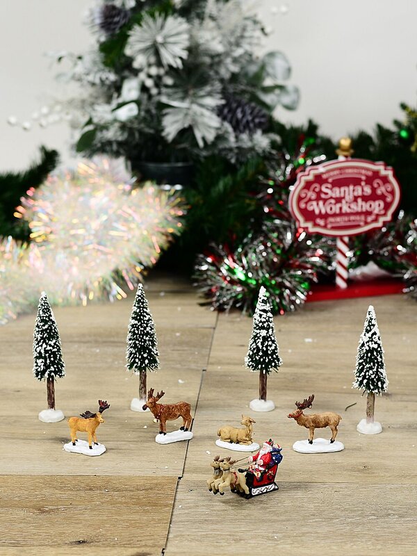 9x Santa & Sleigh With Reindeer, Moose & Trees Village Scene | 14cm Tree — image 2