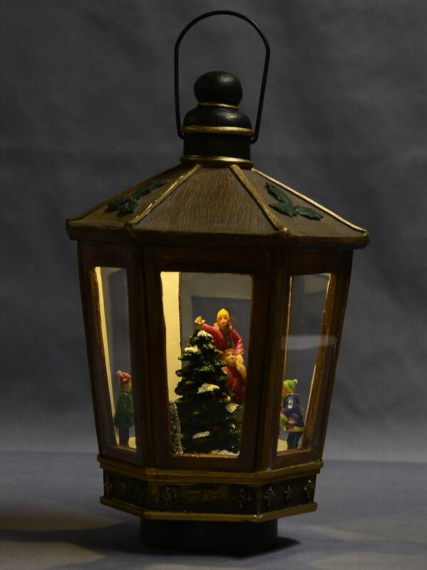 Animated, Musical & Illuminated Brushed Gold Lantern With Scene Inside - 28cm