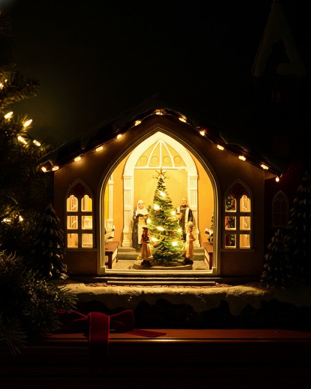 Animated Musical Vigil Of The Nativity Church With LED Rotating Tree | 35cm — image 3