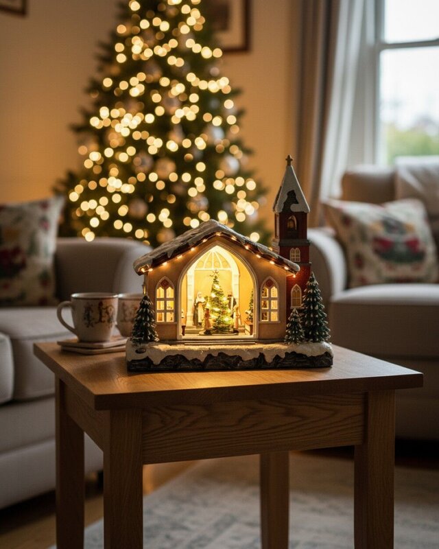 Animated Musical Vigil Of The Nativity Church With LED Rotating Tree | 35cm — image 2