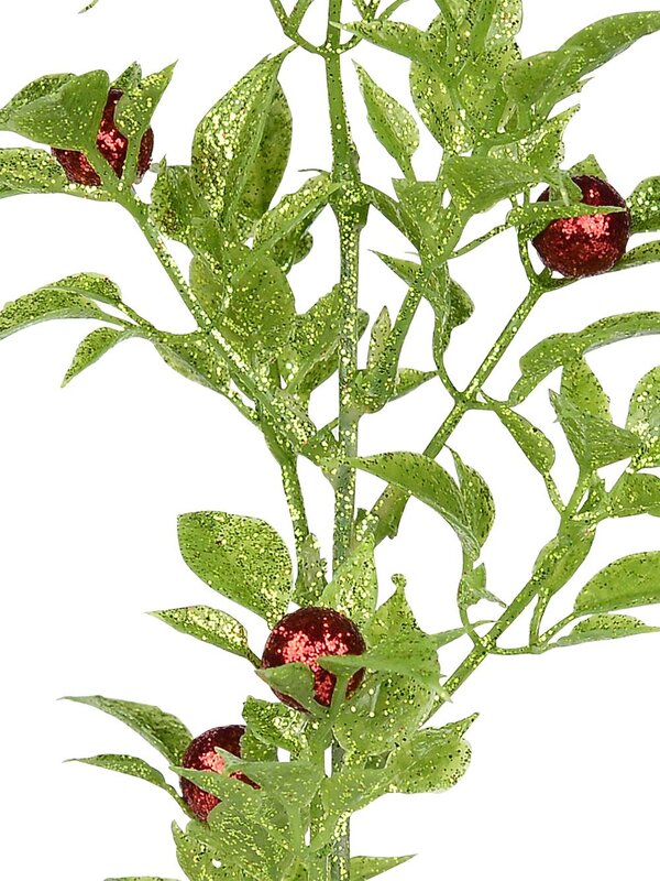 Apple Green Glittered Leaves Pick with Red Berries - 30cm