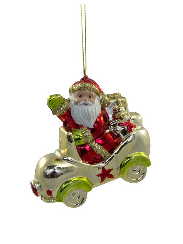 Assorted Glass-Like Santa With Vehicles Hanging Decorations - 3 x 75mm