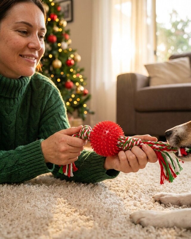Assorted Red Or Green Spiky Ball Dog Toy with Tug Rope | Festive Pet Play — image 2