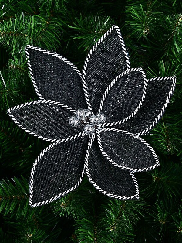 Black Mesh & White Twisted Cord Poinsettia Christmas Tree Clip Pick | 26cm — image 2