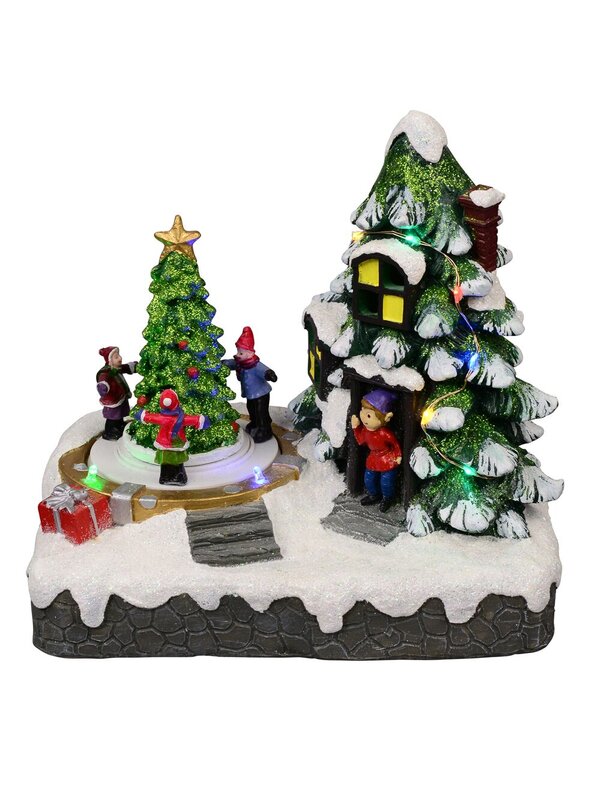 Christmas Tree Scene With Kids & Elf With LED Lights & Animated Tree - 19cm — image 2