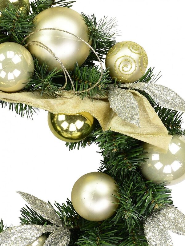 Decorated Gold & Champagne Bauble, Leaf & Ribbon Bow Pine Wreath - 45cm