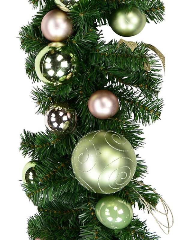 Decorated Pink & Mint Baubles, Whisker Loops & Leaf Stem Pine Garland - 2.7m
