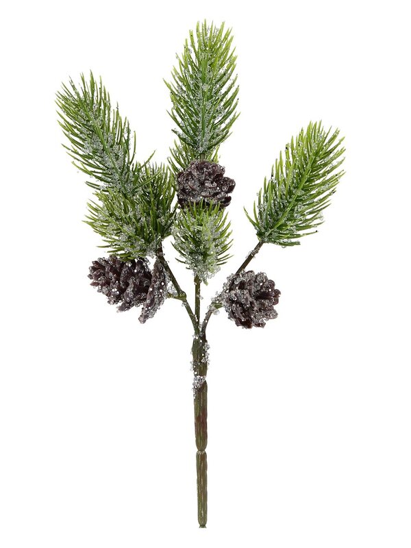 Frosted Pine Cones & Brushes Natural Look Decorative Christmas Pine Pick - 24cm