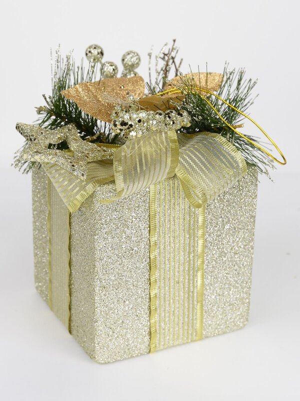 Gift Box Hanging Ornament in Champagne with Greenery - 17cm