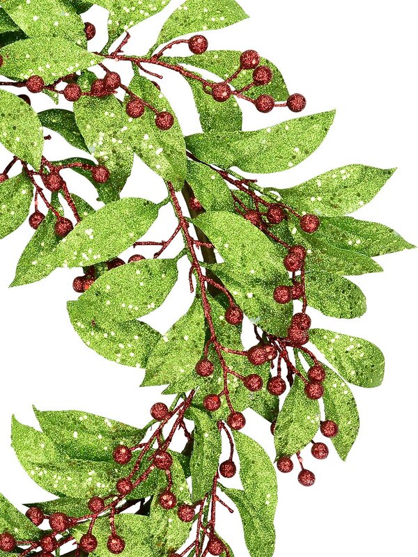Glittered Bare Wreath With Green Leaves & Red Berries - 77cm