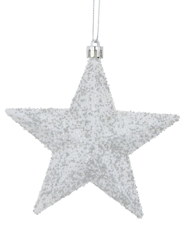 Glittered & Textured White Star Christmas Tree Hanging Decorations - 3 x 13cm