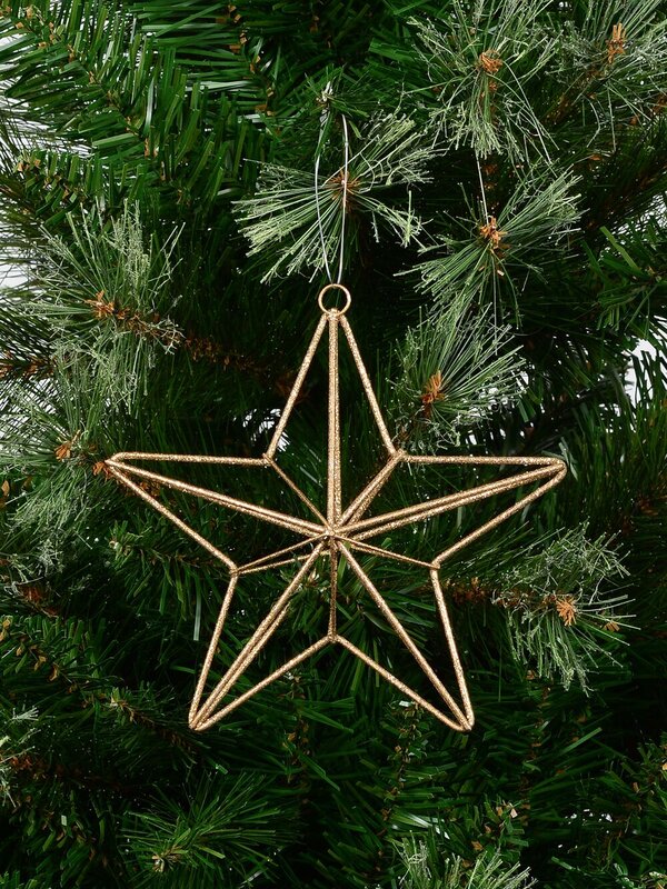 Gold Glittered 3D Wire Framed Five Point Star Hanging Decoration - 16cm