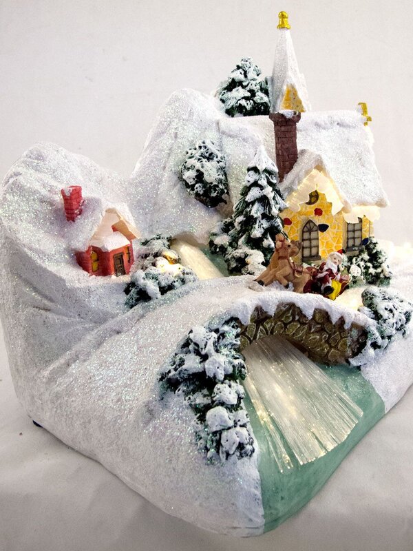 Illuminated & Animated Winter Church Village Scene Ornament - 26cm