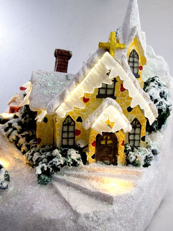 Illuminated & Animated Winter Church Village Scene Ornament - 26cm