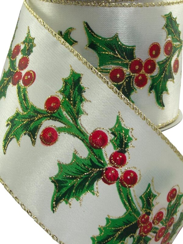 Ivory With Holly Pattern Ribbon - 3m