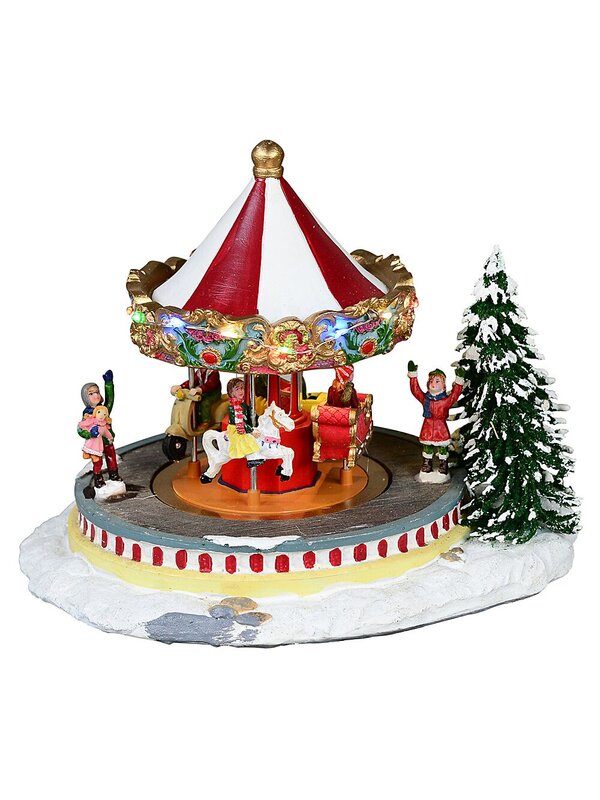 Kids Enjoying A Winter Fun Park Merry-Go-Round Christmas Village Scene - 23cm — image 2