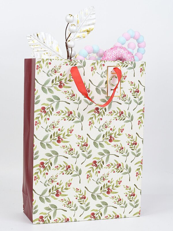 Large Ivory Christmas Berry Branch Gift Bag With Glitter | 42cm — image 2