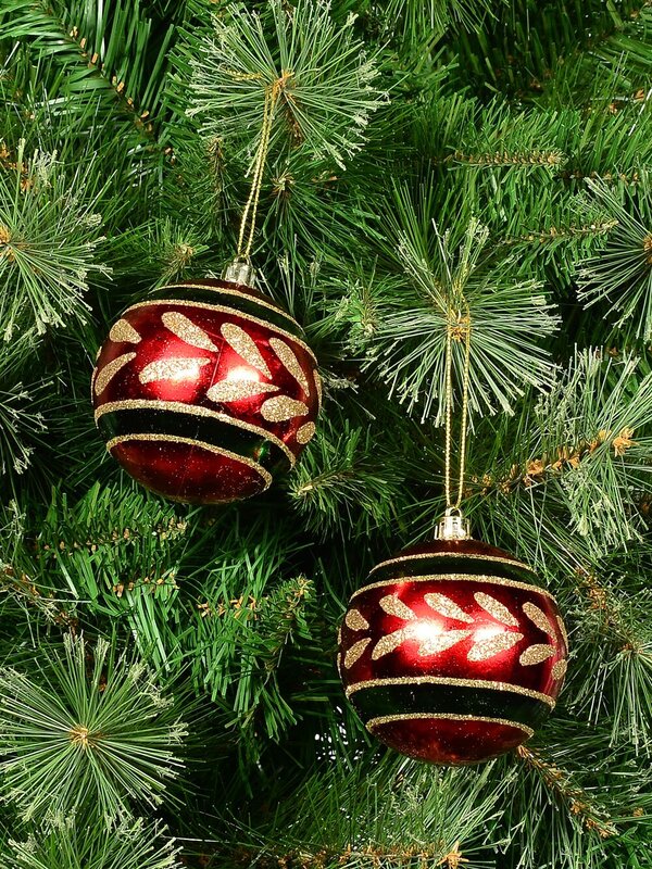 Metallic Red Christmas Baubles With Gold Glitter & Green Patterns - 4 x 80mm — image 3