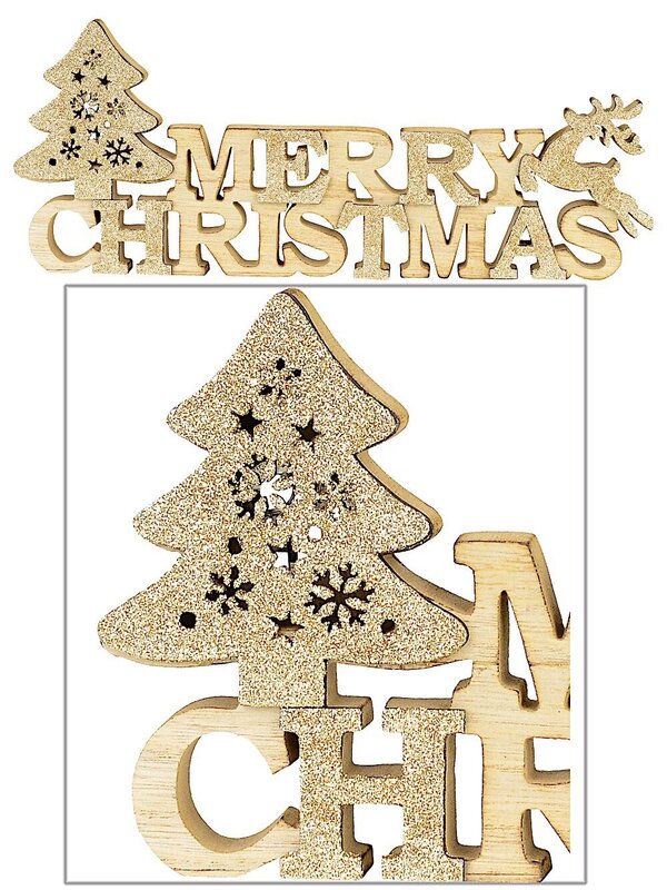 Natural Wood Merry Christmas with Champagne Glittered Tree &amp; Deer - 35cm