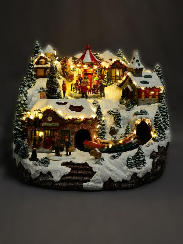 Northern Winter Christmas Village Scene With Rotating Train & Carousel - 26cm — image 3