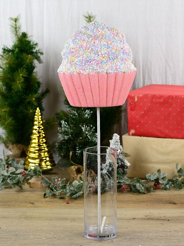 Pink Cupcake With Pastel Sprinkles & Silver Tinsel Long Christmas Stem | 71cm — image 5