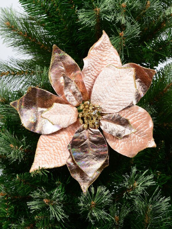 Pink Shiny & Matte Petal Poinsettia Christmas Flower Clip  Pick - 28cm Wide — image 4