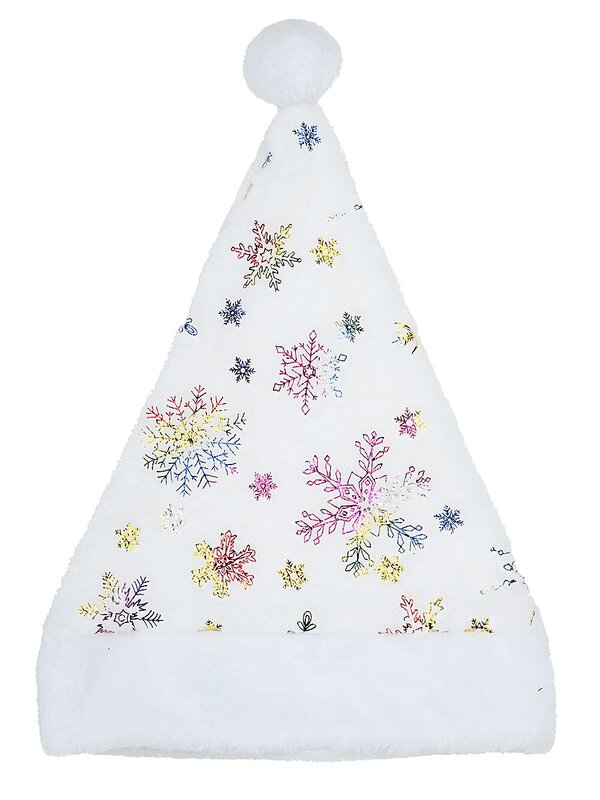 Plush White Santa Hat Metallic Rainbow Snowflakes | One Size Fits Most — image 2