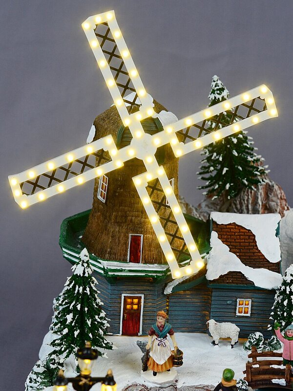 Pond Ice Skating, Windmill & Mountain With Train Christmas Village Scene - 48cm — image 4