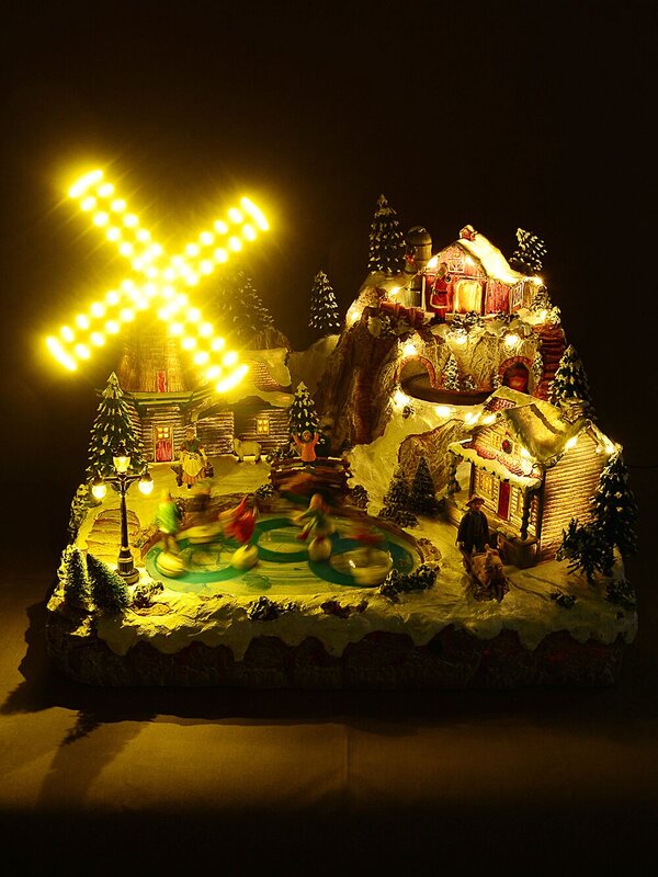 Pond Ice Skating, Windmill & Mountain With Train Christmas Village Scene - 48cm — image 3