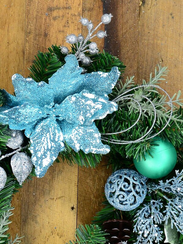 Pre-Decorated Blue Poinsettia, Pine Cone, Foliage & Baubles Pine Wreath - 45cm