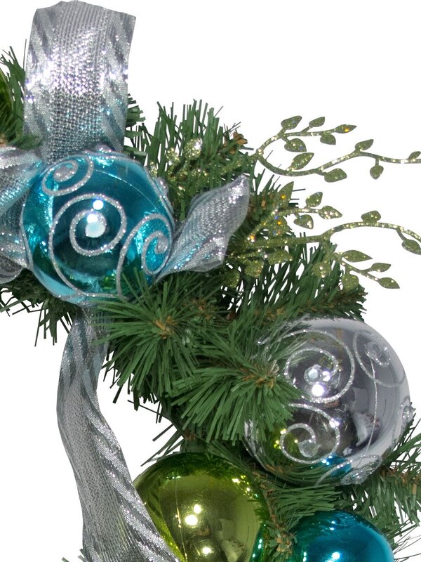 Pre-Decorated Lime, Silver & Turquoise Bauble & Pine Wreath - 38cm — image 3