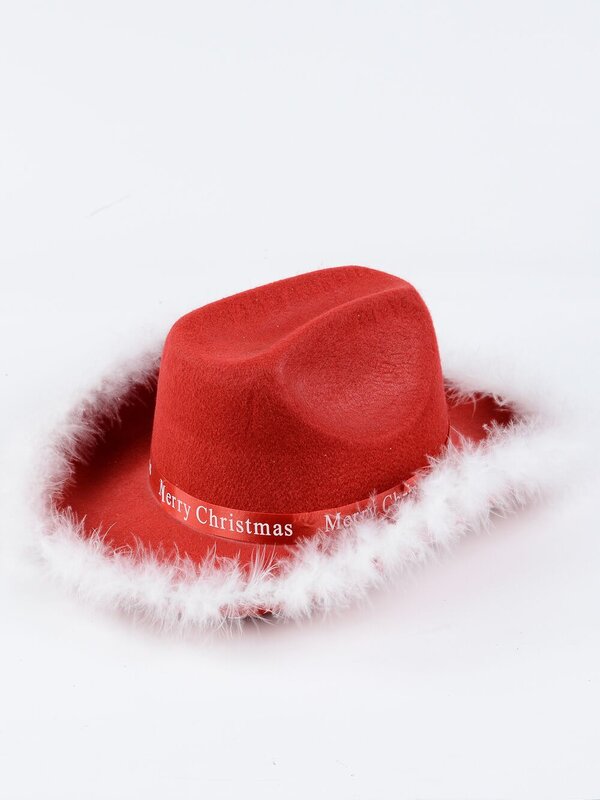 Red Cattleman Style Cowboy Santa Hat With White Fur Trim - One Size Fits Most — image 2